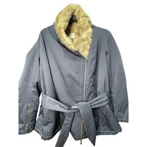 Halston Faux Fur Trim Shawl Collar Coat Navy Blue Women's Size M